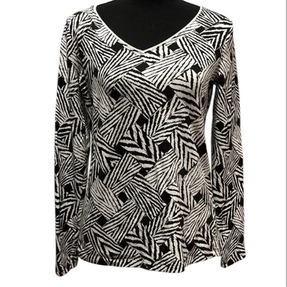 Jones New York Long Sleeve V-Neck Top Black/White Size S - Picture 1 of 11